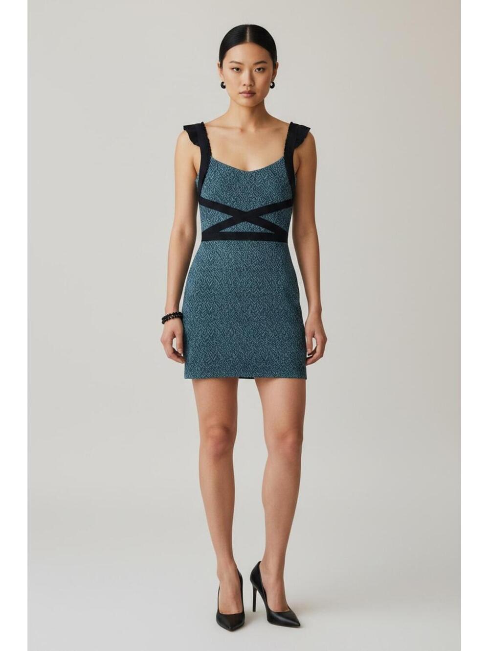 Free People Cross My Heart Mini Dress Teal Blue Black Strappy Cutout Back, XS